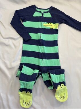 Absorba Navy and Green Striped Alligator Footed Pajama